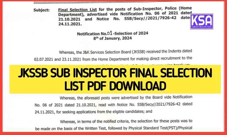 Download JKSSB Sub Inspector Final Selection List 2024 PDF for Successful Candidates