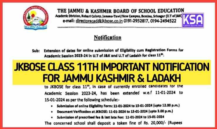 JKBOSE 11th important Notice for Jammu Kashmir Students 2023-24