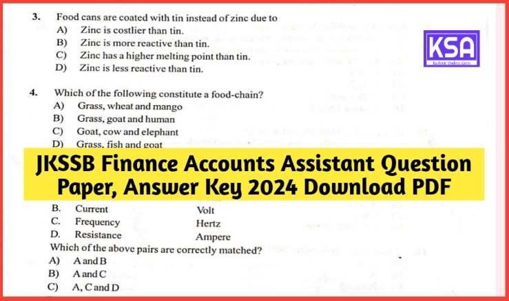 jkssb.nic.in Finance Accounts Assistant Answer Key 2024, Question Paper PDF Download