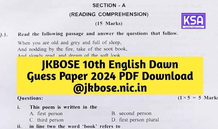 JKBOSE 10th English Guess Paper 2024 (DAWN) Annual Regular Download here